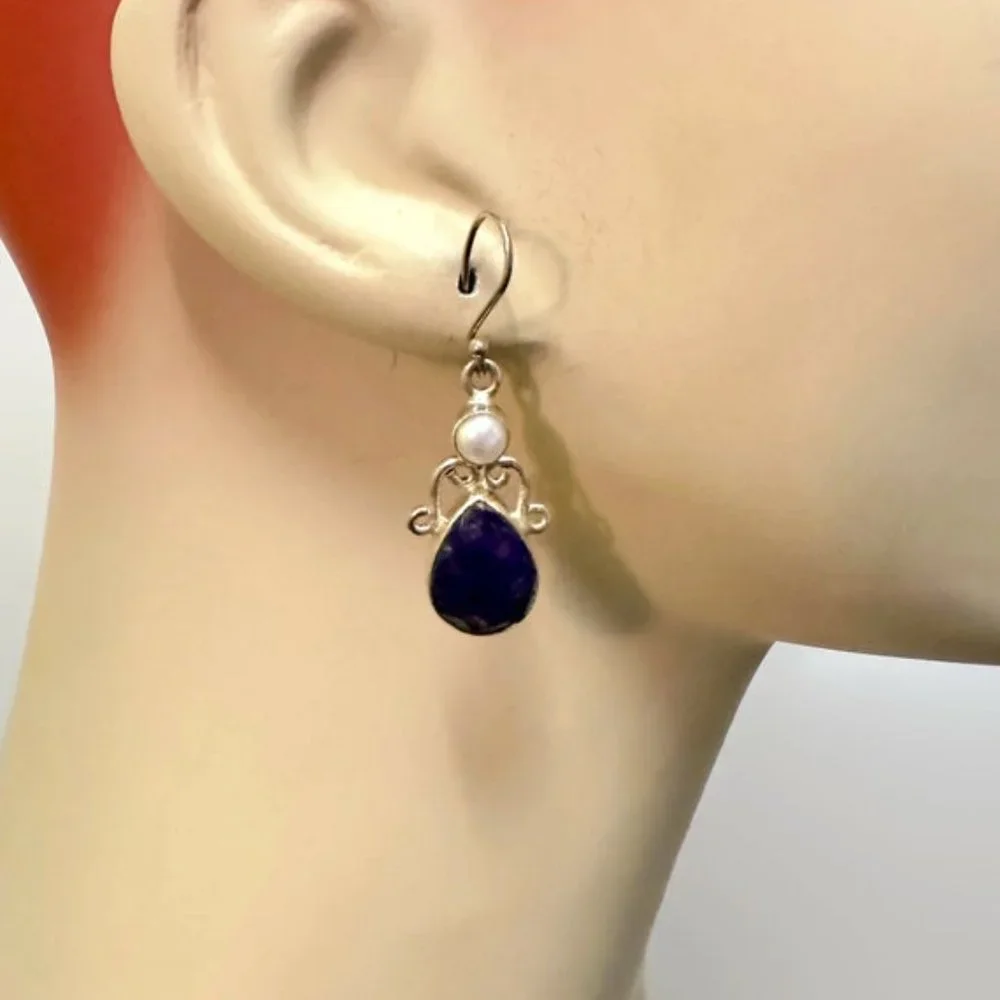 Spinel Earrings, Pearl, Sterling Silver, Pierced, Blue Stone, Dangle Earrings - Picture 3 of 4